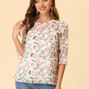 Casual Ruffle Floral Print 3/4 Sleeve Chiffon Blouse White/S - Allegra K catalog