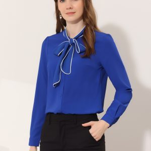 Tie Neck Contrast Color Button Down Long Sleeve Shirt Royal Blue/XL - Allegra K catalog