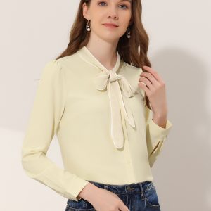Tie Neck Contrast Color Button Down Long Sleeve Shirt Beige/M - Allegra K catalog