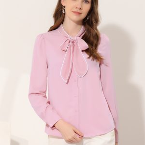 Tie Neck Contrast Color Button Down Long Sleeve Shirt Pink/S - Allegra K catalog