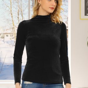 Turtleneck Velvet Top Long Sleeve Work Shirt Basic Velour Blouse Black/S - Allegra K catalog