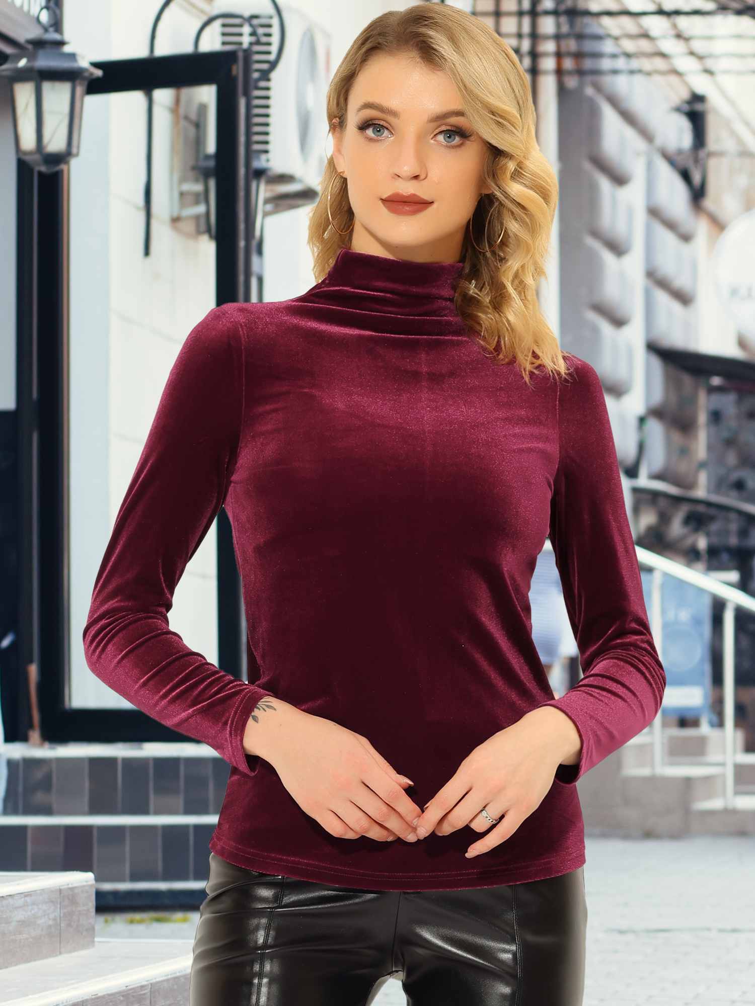 Turtleneck Velvet Top Long Sleeve Work Shirt Basic Velour Blouse Burgundy/L - Allegra K catalog