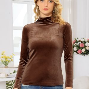 Turtleneck Velvet Top Long Sleeve Work Shirt Basic Velour Blouse Caramel/L - Allegra K catalog