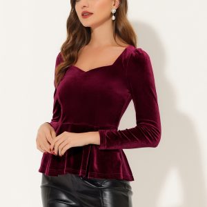 Velvet Blouse Elegant Sweetheart Neck Long Sleeve Peplum Top Burgundy/XL - Allegra K catalog