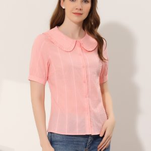 Peter Pan Collar Swiss Dots Short Sleeve Button Front Shirt Blouse Pink/XL - Allegra K catalog