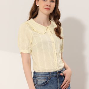 Peter Pan Collar Swiss Dots Short Sleeve Button Front Shirt Blouse Apricot/XL - Allegra K catalog