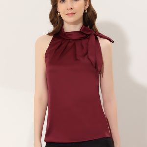 Elegant Satin Sleeveless Tie Knot Mock Neck Solid Work Blouse Top Burgundy/XL - Allegra K catalog