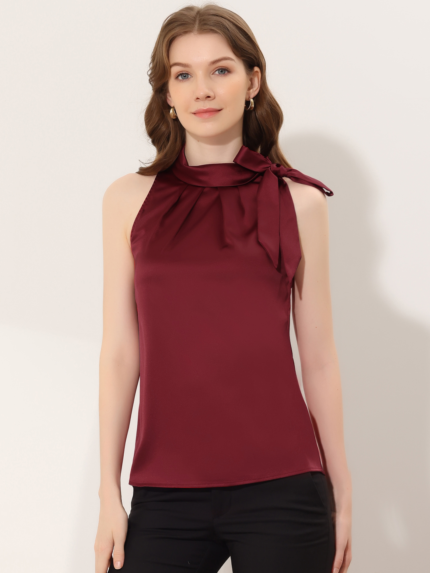 Elegant Satin Sleeveless Tie Knot Mock Neck Solid Work Blouse Top Burgundy/XL - Allegra K catalog