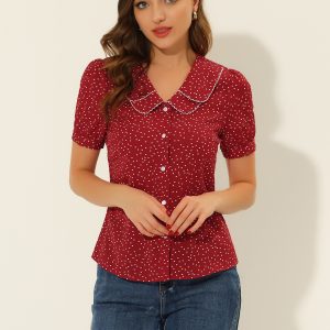 Polka Dot Peter Pan Collar Rockabilly Puff Short Sleeve Shirt Red/XS - Allegra K catalog