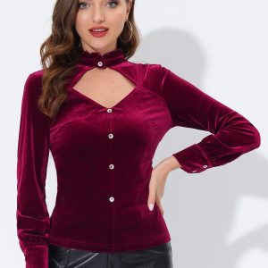 Ruffle Mock Neck Cutout Shirt Long Sleeve Gothic Velvet Blouse Wine Red/XL - Allegra K catalog