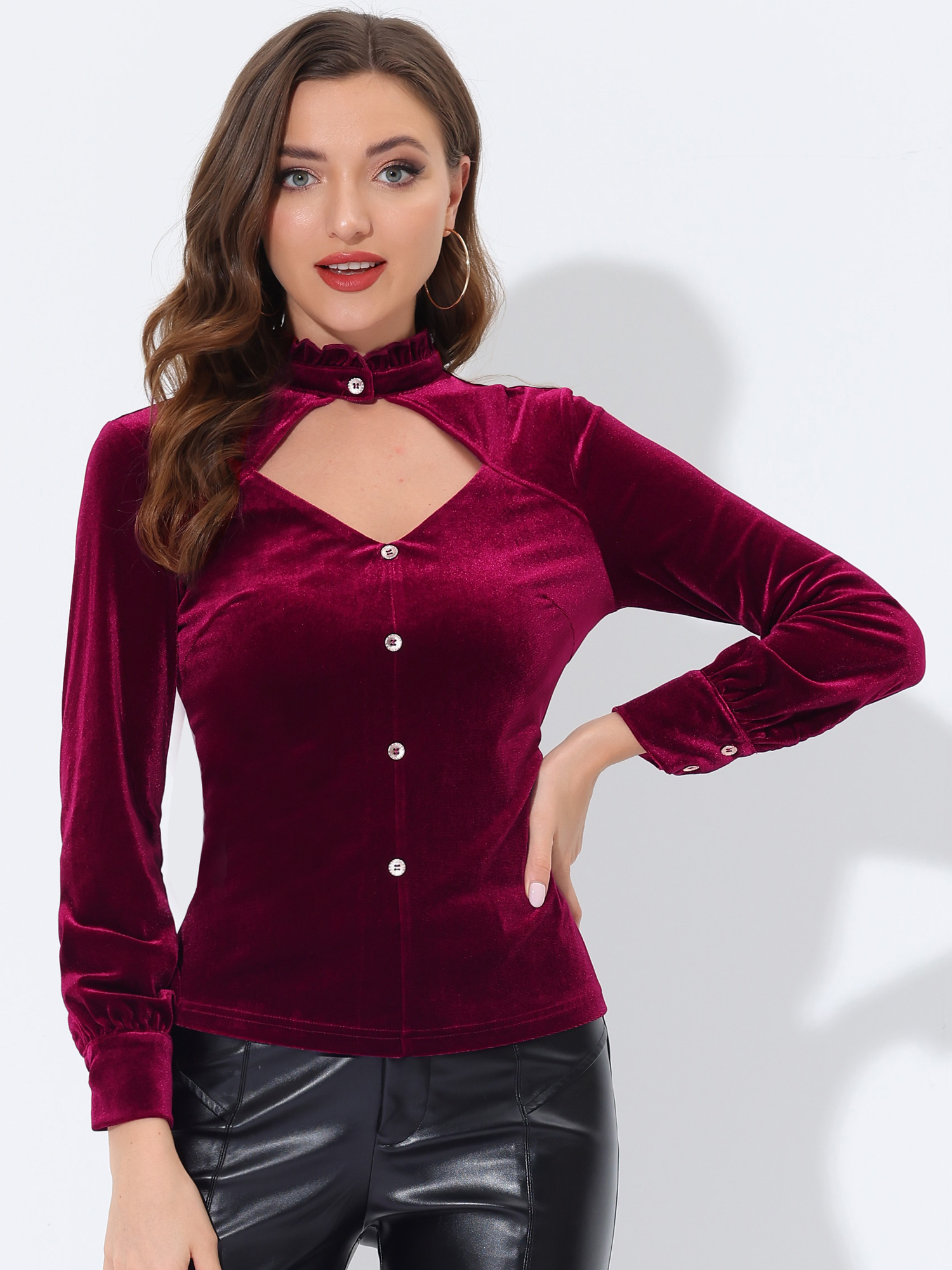Ruffle Mock Neck Cutout Shirt Long Sleeve Gothic Velvet Blouse Wine Red/XL - Allegra K catalog