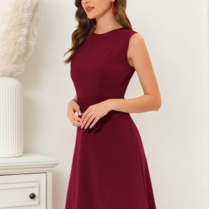 Round Neck Solid Color Sleeveless A-Line Work Midi Dress Burgundy/M - Allegra K catalog