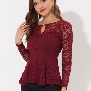 Lace Tops Keyhole Front Peplum Hem Sheer Long Sleeve Blouse Burgundy/M - Allegra K catalog