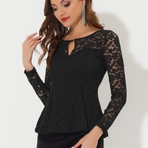Lace Tops Keyhole Front Peplum Hem Sheer Long Sleeve Blouse Black/XS - Allegra K catalog