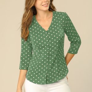 Polka Dots 3/4 Sleeve Button Front Vintage Office Blouse Top Olive Green/L - Allegra K catalog