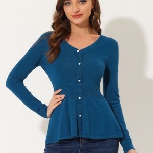V Neck Long Sleeve Ribbed Pullover Knitted Peplum Top Denim Blue/S - Allegra K catalog