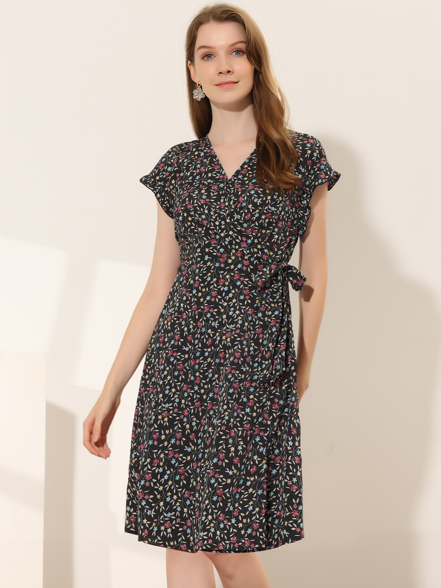 Ditsy Floral V Neck Ruffle Flutter Sleeve Midi Wrap Dress Black/XS - Allegra K catalog