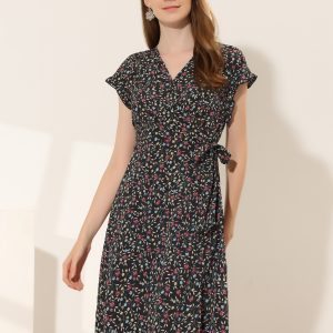 Ditsy Floral V Neck Ruffle Flutter Sleeve Midi Wrap Dress Black/L - Allegra K catalog