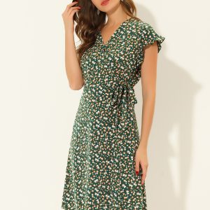 Ditsy Floral V Neck Ruffle Flutter Sleeve Midi Wrap Dress Dark Green/XS - Allegra K catalog