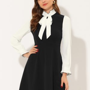 Patchwork Contrast Color Long Sleeve Tie Neck Mini Dress Black/XL - Allegra K catalog