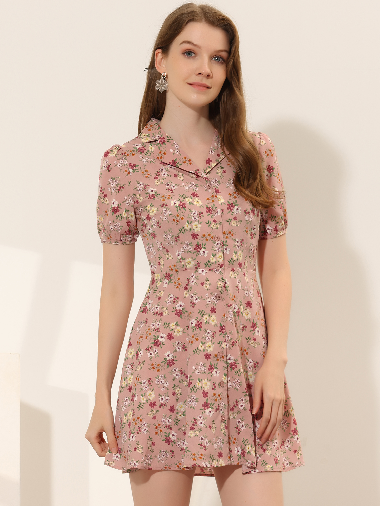 Button Up Short Sleeve A-Line Chiffon Vintage Floral Shirt Dress Dusty Pink/S - Allegra K catalog
