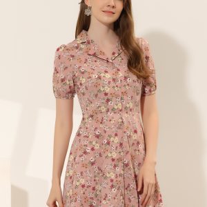 Button Up Short Sleeve A-Line Chiffon Vintage Floral Shirt Dress Dusty Pink/M - Allegra K catalog
