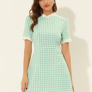 Summer Ruffle Neck Lace Panel Short Sleeve Check Gingham Dress Green/L - Allegra K catalog