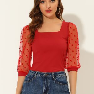 Retro Square Neck Tops Slim Fit Semi Sheer 3/4 Mesh Sleeve Top Red/XS - Allegra K catalog