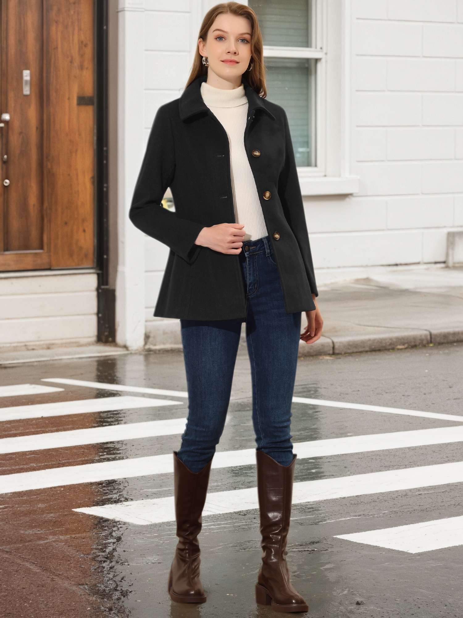 Work Office Winter Overcoat Single Breasted Point Collar Pea Coat Black/XL - Allegra K catalog