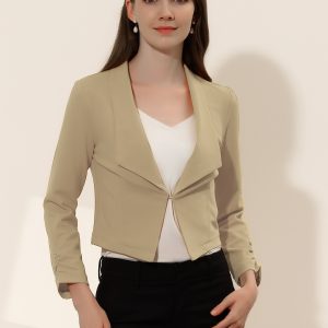 Notched Lapel Ruched Sleeve Business Cropped Jacket Blazer Khaki/L - Allegra K catalog