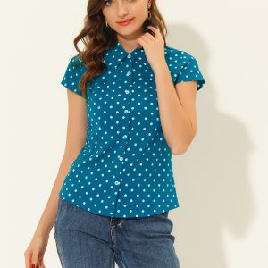 Short Sleeve Tops Vintage Polka Dots Button Up Shirt Lake Blue/M - Allegra K catalog