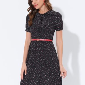 Peter Pan Collar Tie Neck Short Sleeve A-Line Belted Floral Dress Black/XL - Allegra K catalog