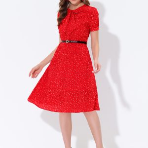 Peter Pan Collar Tie Neck Short Sleeve A-Line Belted Floral Dress Red/M - Allegra K catalog