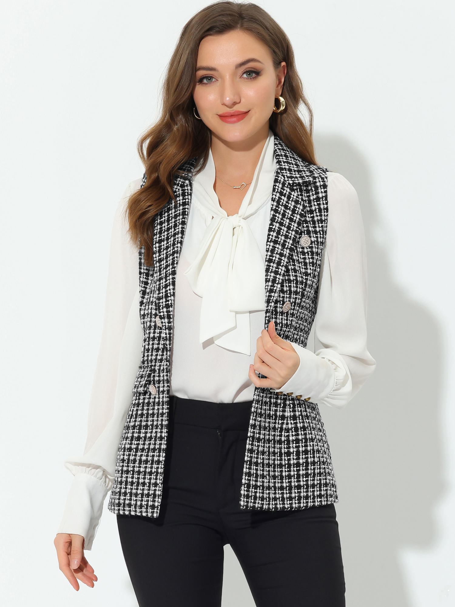 Tweed Open Front Plaid Sleeveless Cardigan Blazer Jacket Vest Black/M - Allegra K catalog