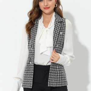 Tweed Open Front Plaid Sleeveless Cardigan Blazer Jacket Vest Black/L - Allegra K catalog