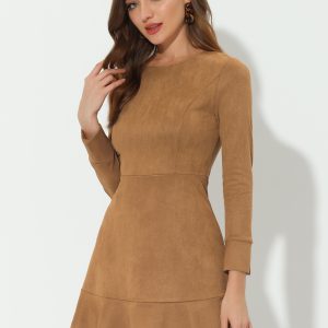 Faux Suede Round Neck Long Sleeve Ruffle Hem Party Mini Dress Brown/XS - Allegra K catalog