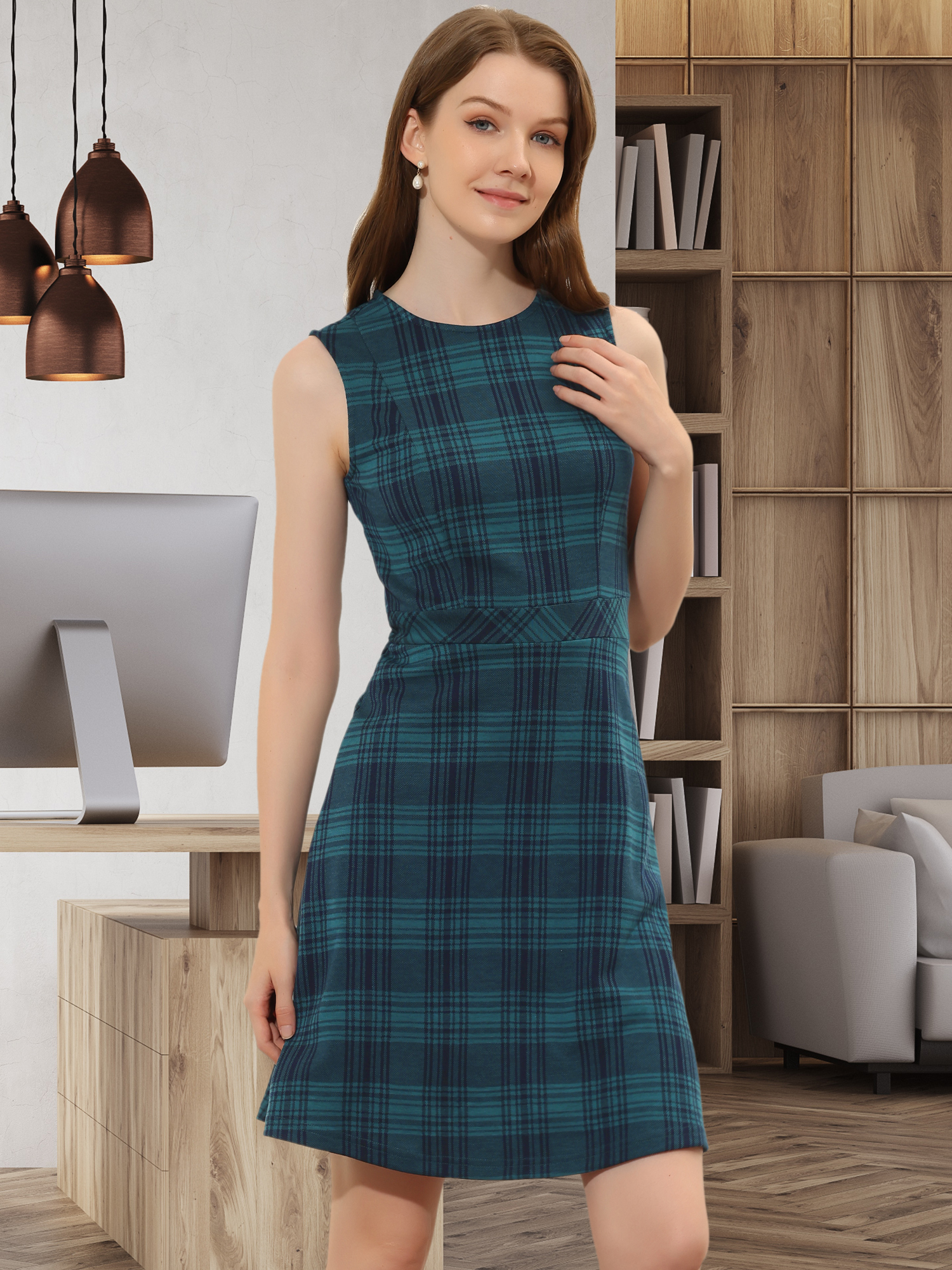Plaid Sleeveless Fit and Flare Houndstooth Work Dress Blue/L - Allegra K catalog