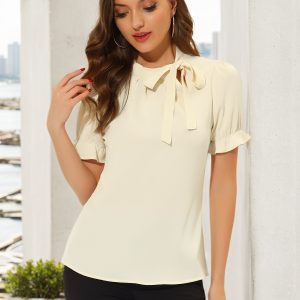 Bow Tie Neck Tops Elegant Office Short Sleeve Blouse Beige/XS - Allegra K catalog