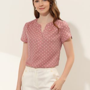 Polka Dots Print V Neck Short Sleeve Elegant Work Office Tops Pink/XL - Allegra K catalog