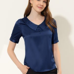 Work Top Turndown Collar Button Decor Short Sleeve Satin Blouse Dark Blue/S - Allegra K catalog
