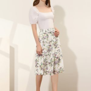 Floral Smocked Elastic Waist Knee Length Ruffle Tiered Skirt White Purple/XS - Allegra K catalog