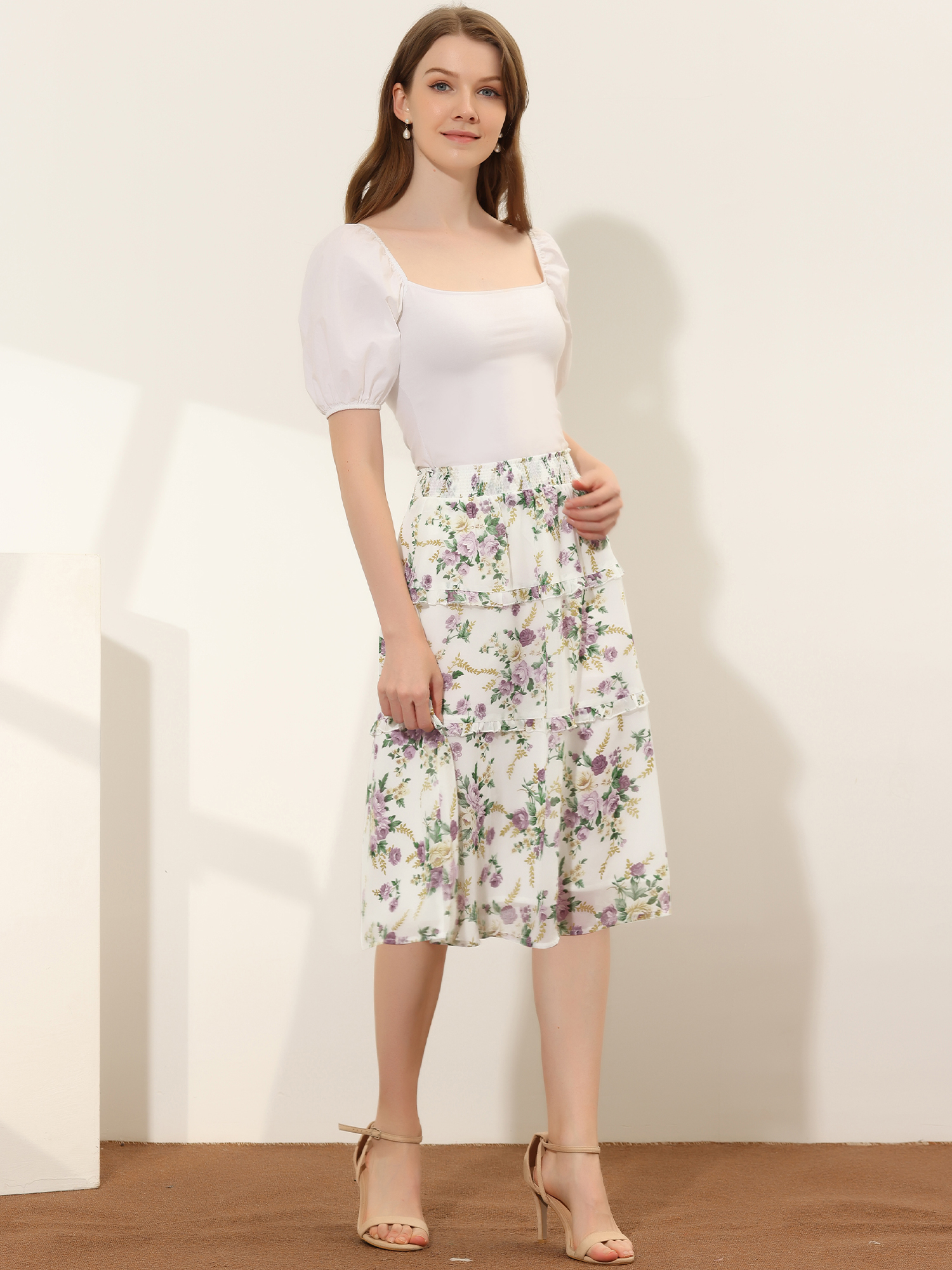 Floral Smocked Elastic Waist Knee Length Ruffle Tiered Skirt White Purple/XS - Allegra K catalog