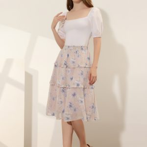 Floral Smocked Elastic Waist Knee Length Ruffle Tiered Skirt Pink Blue/S - Allegra K catalog