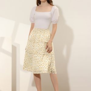 Floral Smocked Elastic Waist Knee Length Ruffle Tiered Skirt Yellow/XL - Allegra K catalog