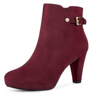 Women's Low Platform Side Zip Buckle Chunky High Heel Ankle Booties Burgundy/6 - Allegra K catalog
