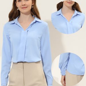 Satin V Neck Long Sleeve Silky Office Work Solid Shirt Light Blues/XL - Allegra K catalog