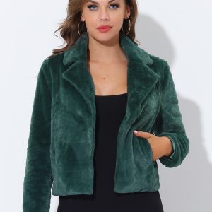Autumn Winter Cropped Jacket Notch Lapel Faux Fur Fluffy Coat Green/S - Allegra K catalog