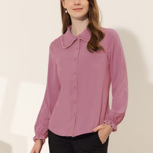Sweet Ruffle Peter Pan Collar Long Sleeve Button Up Shirt Rose Pink/L - Allegra K catalog