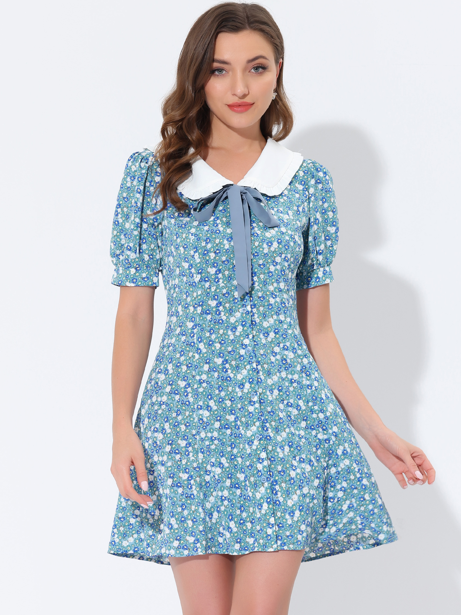 Peter Pan Collar Flowy Short Sleeve Ruffle Summer Floral Shirt Dress Blue-White/XS - Allegra K catalog
