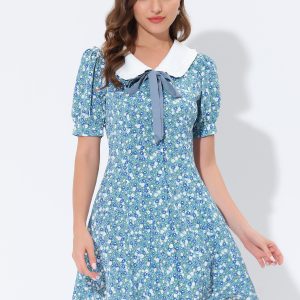 Peter Pan Collar Flowy Short Sleeve Ruffle Summer Floral Shirt Dress Blue-White/S - Allegra K catalog
